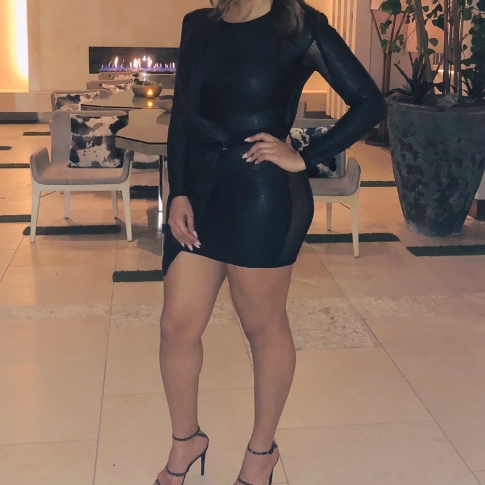 House of CB - lDraped/Belted Black Matte Sequin Dress w/Sheer Mesh Panel